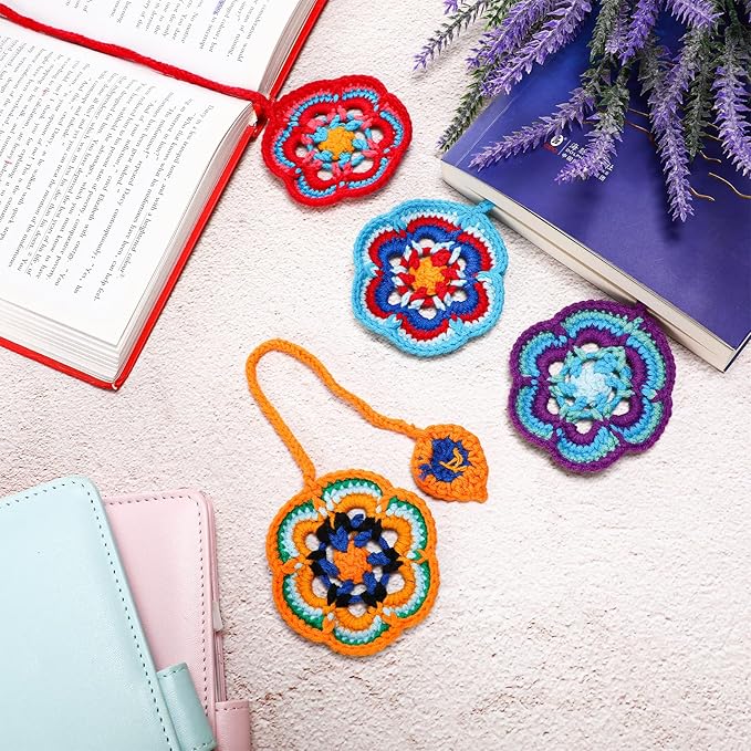 Harloon 4 Pieces Christmas Book Lover Gifts Flowers Crochet Bookmark Book Lovers Bookmarks Handmade Knitted Book Marker Curtain Tiebacks Holdbacks Car Ornaments for Readers Writers Library(Classic)