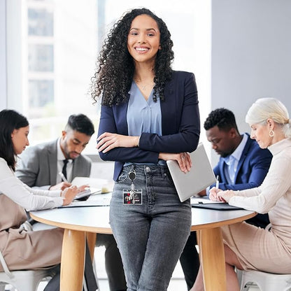 Will Well ID Badge Holders with Clip and Keyring - Horizontal Clear Plastic 3.7" x 2.5" Sleeves Fit Up to 3 Cards - Easy-Access Retractable 24" UHMWPE Fiber Pull Cords - 10-Pack, Black Reels