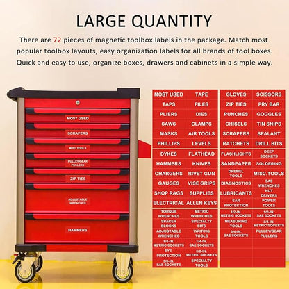 Tool Box Organization Magnetic Labels,Tool Chest Organizer Labels with Strong Magnets,Easy to Read Printing - Fits All Brands of Steel Tool Box Drawers,Red-(72 Pcs, 4 x 1 Inches)