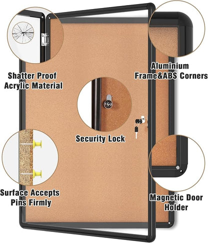38"x28" Enclosed Bulletin Board, Lockable Weather-Resistant Aluminum Cork Noticeboard for School & Office, Black Frame w/Cork