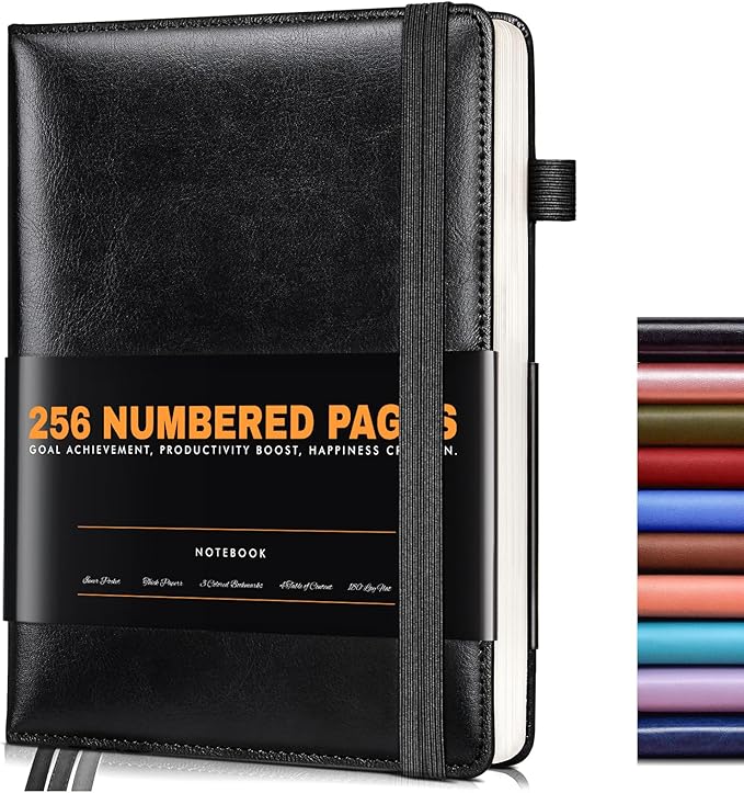 Lined Journal Notebook for Women Men, 256 Numbered Pages Hardcover Leather Journals for Writing, A5 Journaling Notebooks, College Ruled Journal for Business Work School Note Taking 5.75" x 8.38" Black