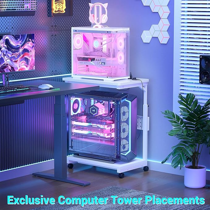 Computer Tower Stand with Power Strips, Height Adjustable PC Tower Stand/Cart with Wheels, Mobile Rolling CPU Holder, Computer Cart Side Stand for Computer Desk, 24", Carbon Fiber White