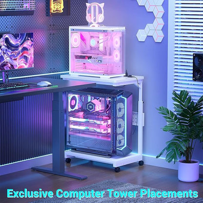 Computer Tower Stand with Power Strips, Height Adjustable PC Tower Stand/Cart with Wheels, Mobile Rolling CPU Holder, Computer Cart Side Stand for Computer Desk, 24", Carbon Fiber White
