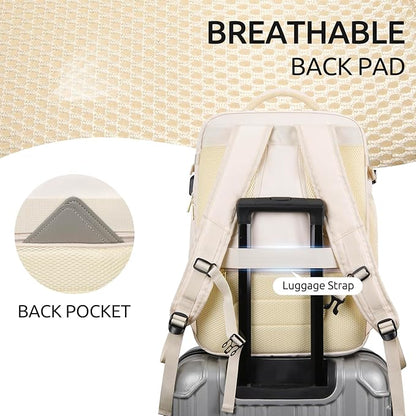 Travel Backpack for Women, Carry On Backpack for Airplanes Flight Approved, Waterproof Large Weekender Overnight Bag Fit 17 Inch Laptop with USB Charging Port, Beige
