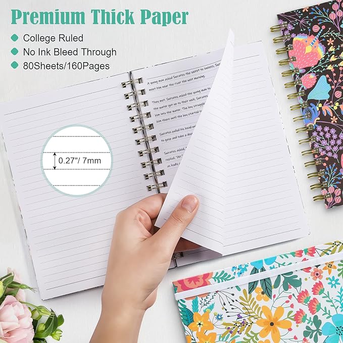 Spiral Notebook, A5 Lined Journal for Women, Hardcover Spiral Journal with 2 Pockets, College Ruled Notebooks, Cute Notebook for Office, School Supplies, Gifts (160 Pages, 6.3" x 8.46")
