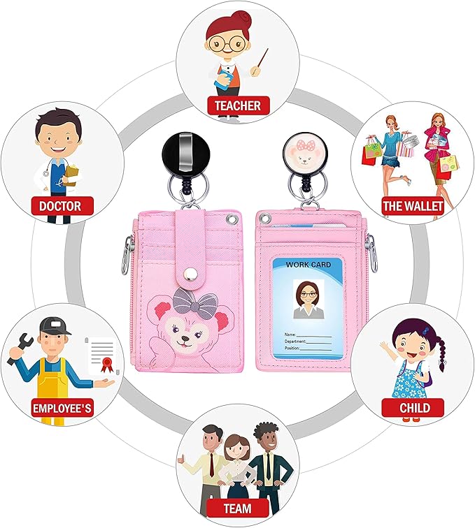 Cute ID Badge Holder Retractable Lanyard Reel Clip with Heavy Duty Carabiner, 5 Card Slots in 2 Sided with Key Ring and Zipper for Students Teens Boys Girls Office Staff Women (Pink Bear)
