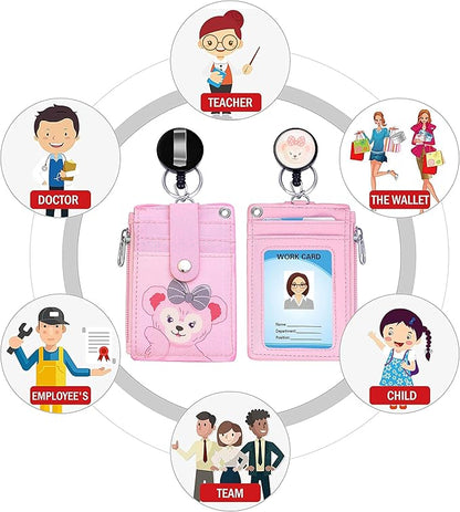 Cute ID Badge Holder Retractable Lanyard Reel Clip with Heavy Duty Carabiner, 5 Card Slots in 2 Sided with Key Ring and Zipper for Students Teens Boys Girls Office Staff Women (Pink Bear)