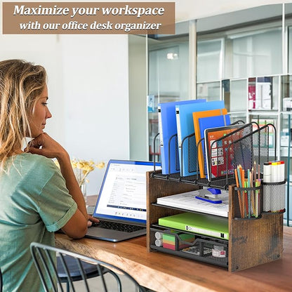 4-Tier Mesh Desk Organizer, Wooden Desk File Organizer with 5 Vertical File Holders and 2 Pen Holders, Desktop Organizers and Accessories with Drawer for Home Office