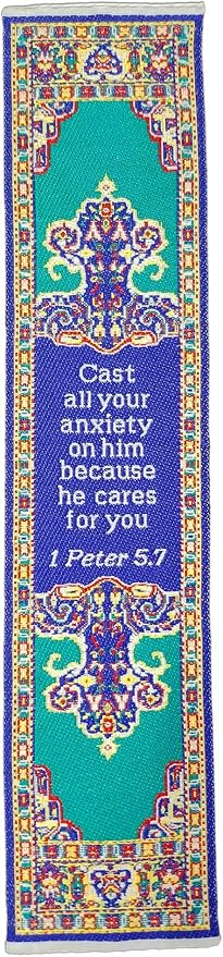 Don't Be Anxious, Bulk Pack of 6 Woven Fabric Christian Bookmarks, Silky Soft 1 Peter 5:7 Flexible Bookmarker for Novels Books and Bibles, Traditional Turkish Woven Design, Memory Verse Gift