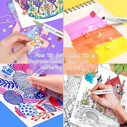 Caliart 24 Colors Fine & Chisel Permanent Alcohol Markers, Dual Tip Artist Sketch Art Markers Set for Adult Coloring Book, Aesthetic Cute School Supplies, Pens for Drawing Coloring Illustrations