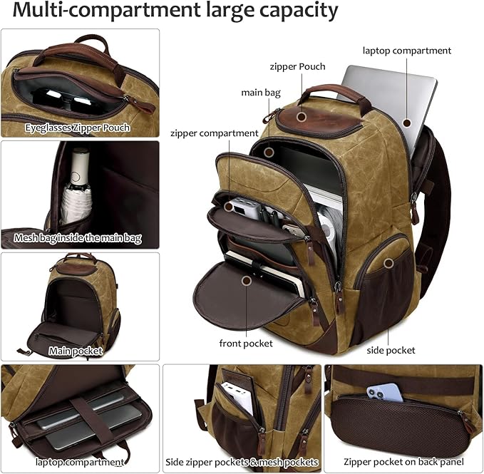 Travel Laptop Backpack 17.3 inch XL Computer Backpack for Men Waxed Canvas College Daypack Business Backpack Brown