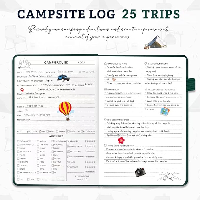 Camping Essentials: Camping Journal and RV Travel Log Book - A5 Adventure Book for Memories, Travel Journal for Men and Women, Family RV Travel Camping Logbook Accessories - Green