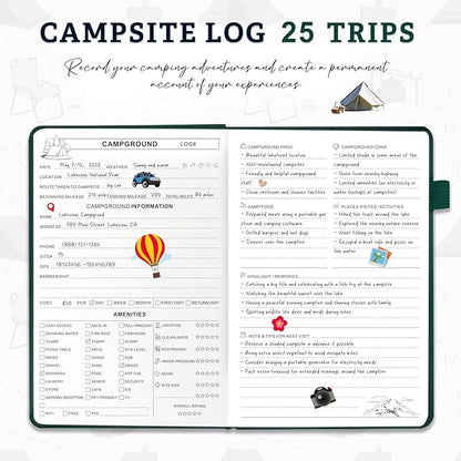 Camping Essentials: Camping Journal and RV Travel Log Book - A5 Adventure Book for Memories, Travel Journal for Men and Women, Family RV Travel Camping Logbook Accessories - Green