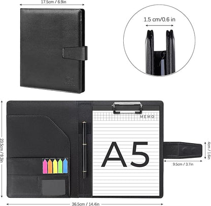 A5 Leather Portfolio Binder, Interview Legal Document Organizer with Magnetic Closure Cover with A5 Sized Papers,Sticky Tabs,Pen,Mini Document Organizer Folder for Men Women,Black
