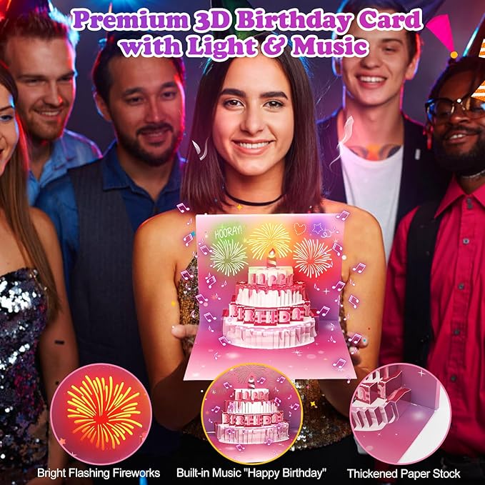 3D Pop-Up Firework Birthday Card with Lights & Music – Greeting Card for Women, Men, Kids Pink