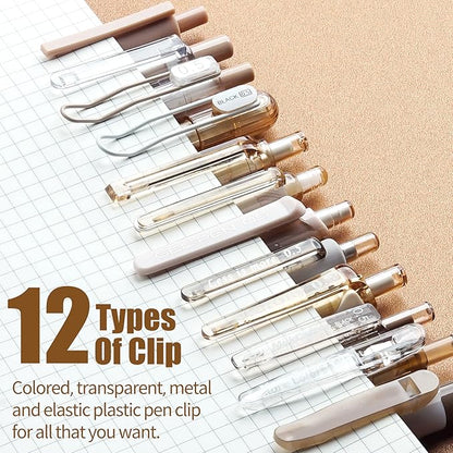 Four Candies 12Pack Pastel Gel Ink Pen Set, 11 Pack Black Ink Pens with 1Pack Highlighter for Writing, Retractable 0.5mm Fine Point Note Taking Pens for School Office (Brown)