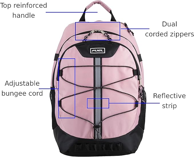 FUEL Hiking Backpack for Women Men Terra Sport, Travel, College, Gym, Work with Laptop Sleeve, Bungee, 18 Inches, Pink