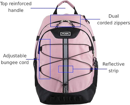 FUEL Hiking Backpack for Women Men Terra Sport, Travel, College, Gym, Work with Laptop Sleeve, Bungee, 18 Inches, Pink