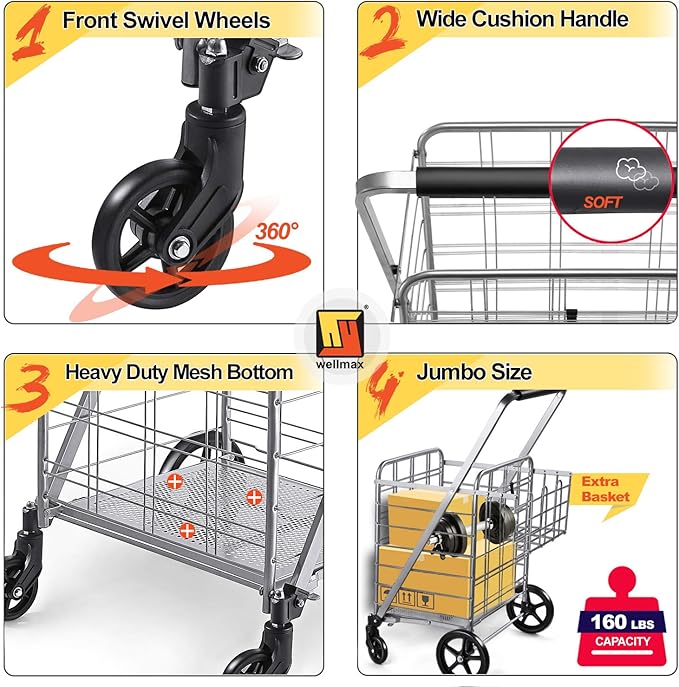 Wellmax Shopping Cart, Metal Grocery Carts For Groceries, Folding Cart For Convenient Storage And Holds Up To 160lbs, Dual Swivel Wheels and Extra Basket, Silver