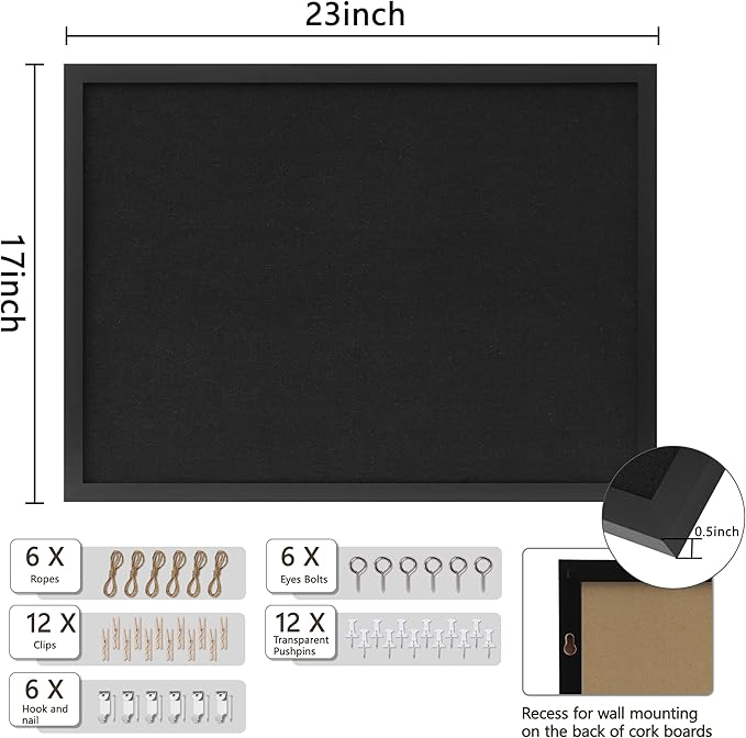 Cork Board with Linen Black 2Pack,Bulletin Board 23"x17", Corkboards for Office Home School Message Board or Vision Board Decoration.