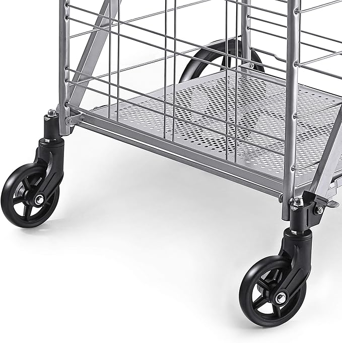 Wellmax Shopping Cart, Metal Grocery Carts For Groceries, Folding Cart For Convenient Storage And Holds Up To 160lbs, Dual Swivel Wheels and Extra Basket, Silver