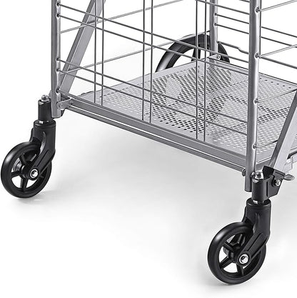 Wellmax Shopping Cart, Metal Grocery Carts For Groceries, Folding Cart For Convenient Storage And Holds Up To 160lbs, Dual Swivel Wheels and Extra Basket, Silver