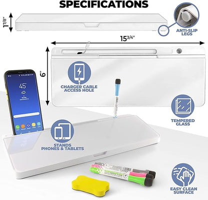 Desktop Whiteboard - Glass Dry Erase White Board- Desk Computer Buddy – Home Office & Studying Essentials - Desktop Pad with Phone & Tablet Slot, Storage Compartment - Includes 4 Markers, 1 Eraser