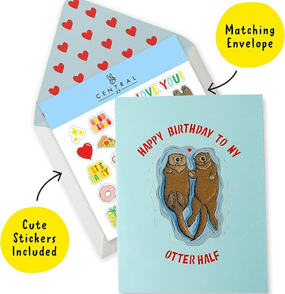 CENTRAL 23 3D Birthday Card For Wife - Happy Birthday My Otter Half - Pop Up Birthday Cards For Men Women - Sweet Pop Up Card For Husband Boyfriend Girlfriend Partner - Comes with Stickers