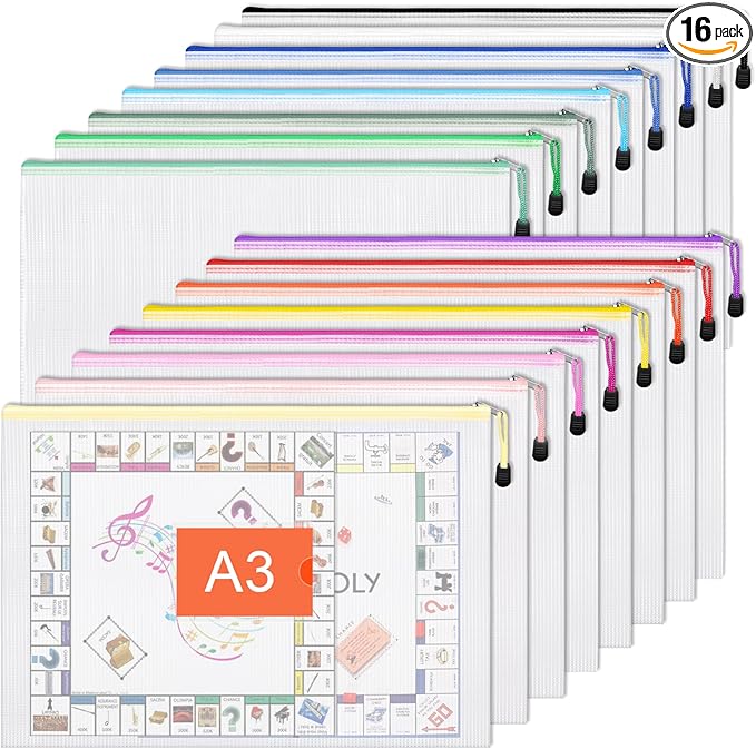 EOOUT 16pcs Mesh Zipper Pouch Bags, A3 Large Zipper Bags Board Game Storage with Labels, 16.7x12.4 Inch Plastic Zip File Folders Puzzle Storage Bags for Organizing Classroom Office Home