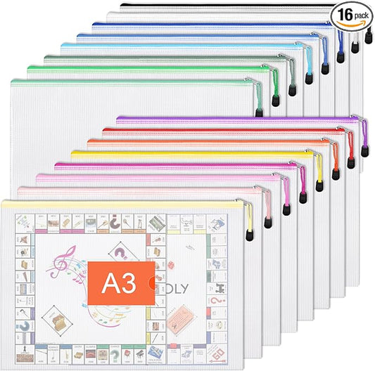 EOOUT 16pcs Mesh Zipper Pouch Bags, A3 Large Zipper Bags Board Game Storage with Labels, 16.7x12.4 Inch Plastic Zip File Folders Puzzle Storage Bags for Organizing Classroom Office Home