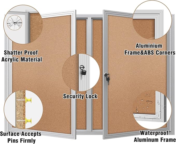 48"x34" Enclosed Bulletin Board, Outdoor Lockable Weather-Resistant Aluminum Cork Noticeboard for School & Office, Silver Frame w/Cork