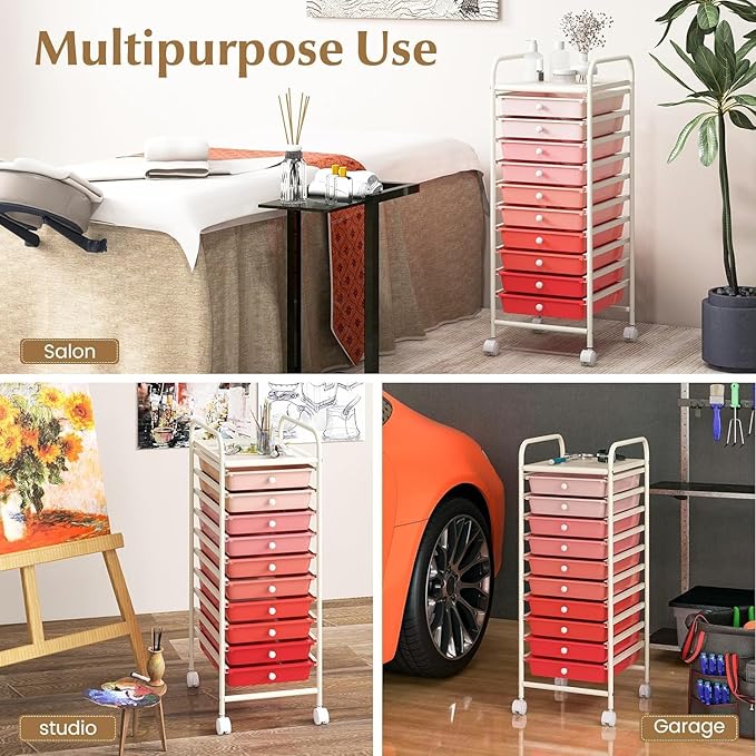 Storage Cart, Rolling Utility Cart with 10 Drawers, Portable Handles & Lockable Wheels, Mobile Paper Toys Storage Organizer Large Capacity for Home Office School Teacher (Gradient Pink)