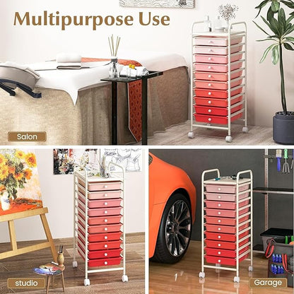 Storage Cart, Rolling Utility Cart with 10 Drawers, Portable Handles & Lockable Wheels, Mobile Paper Toys Storage Organizer Large Capacity for Home Office School Teacher (Gradient Pink)