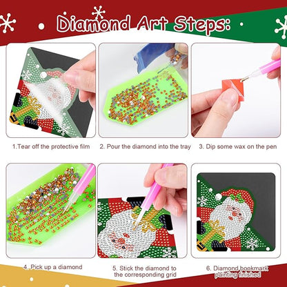 Anseal 8 Pcs Christmas Diamond Art Painting Bookmark, Rhinestone Crystal Corner Bookmarks for Book Lovers, Triangle Embroidery Painting Arts Crafts Book Mark for Kids