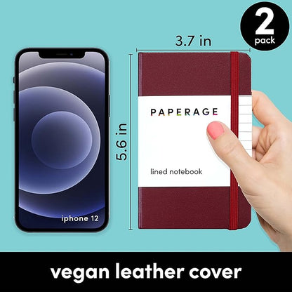 PAPERAGE Lined Pocket Journal Notebook, 2 Pack, (Burgundy), 160 Pages, Small Notebook, 3.6 inches x 5.6 inches - 100 GSM Thick Paper, Hardcover