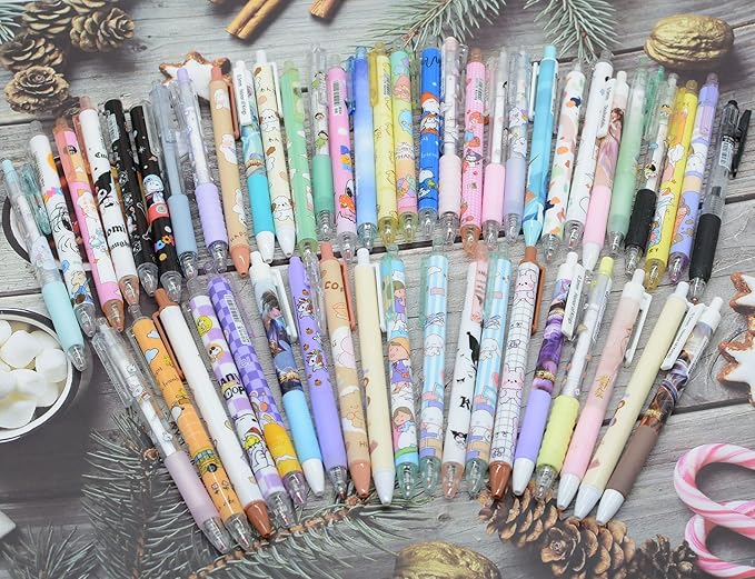 YIKANGHENG 50 Pcs Fine Point Cute Pens With a Pen Holder, 0.5mm 50 Different Random Styles Black Ink Kawaii Gel Pens for Office, Study, Gift and Home Supplies (50)