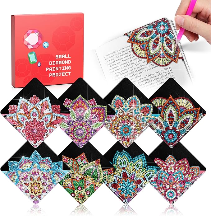 8 Pcs Diamond Art Bookmarks Kit for Adult, DIY Diamond Paint Corner Book Makers Set, Small Diamond Art Kits, Paint by Art Crafts Kit Gifts for Women