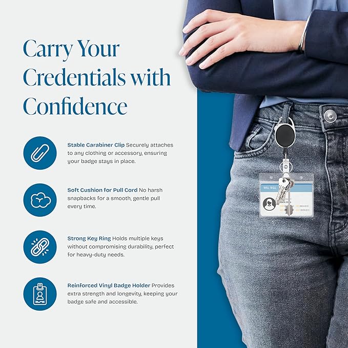 Will Well ID Badge Holders with Clip and Keyring - Horizontal Clear Plastic 3.7" x 2.5" Sleeves Fit Up to 3 Cards - Easy-Access Retractable 24" UHMWPE Fiber Pull Cords - 10-Pack, Black Reels