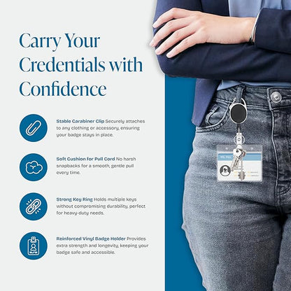 Will Well ID Badge Holders with Clip and Keyring - Horizontal Clear Plastic 3.7" x 2.5" Sleeves Fit Up to 3 Cards - Easy-Access Retractable 24" UHMWPE Fiber Pull Cords - 10-Pack, Black Reels