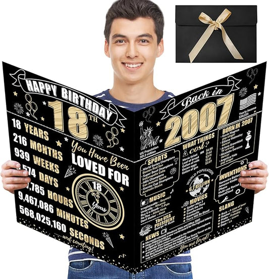 Large 18th Birthday Card With Envelope for Boys Girls, 2007 Black Gold Happy 18th Birthday Giant Guest Signature Book Gifts, Big Vintage 2007 18th Greeting Card Decoration Party Supplies