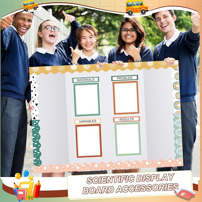 90 Pcs Science Fair Board Supplies 60 Trim Scalloped Bulletin Board Borders 24 Presentation Board Subtitles 6 Science Fair Titles for Classroom Display Boards(Geen Boho)