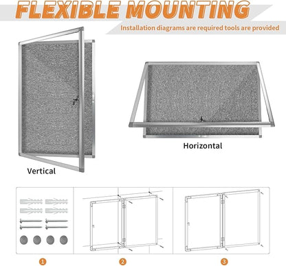 Enclosed Bulletin Board,Outdoor Weatherproof, Display Case Message Board with Acrylic Locking Door, Felt Grey,Aluminum Frame,36x24 Inch (5xA4)