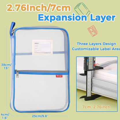 Pendancy Mesh Zipper Pouch 14.8x10.8 in Transparent Lightweight Nylon File Folders, A4 Size Multi-Layer Subject Document Organizer Accessories Storage Bag for Office and School Supplies(Blue)