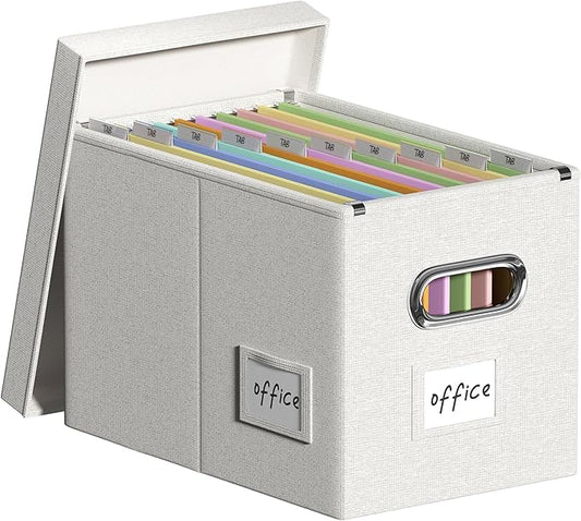 Hanging File Filing Box with Lid, Linen Collapsible File Organizer Box for Hanging Folder, Office/Home Decorative Storage Boxes Filing Cabinet (Off White, 14x9.3x10.9)