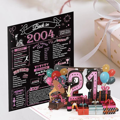 21st Birthday Card for Girls Her, Jumbo 3D Pop Up 21st Birthday Gifts, Back In 2004 Happy 21 Year Old Birthday Decorations Cards Card for Daughter Granddaughter, Rose Gold