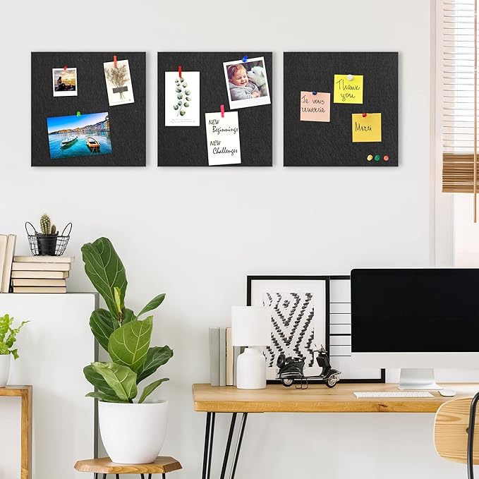 AKTOP Black Cork Bulletin Board 12x12, 1/2" Thick Felt Cork Board Tiles 9 Pack, Small Square Pin Board for Wall, Self Adhesive Corkboards with 120 Push Pin Wood Clips for School, Home & Office