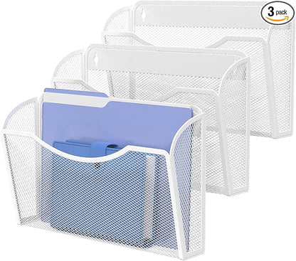 Mesh Hanging Wall File Holders, 3Pack Single Pocket Vertical Mounted File Holder, Wall Basket Mail Organizer for Office, Home and School (White)