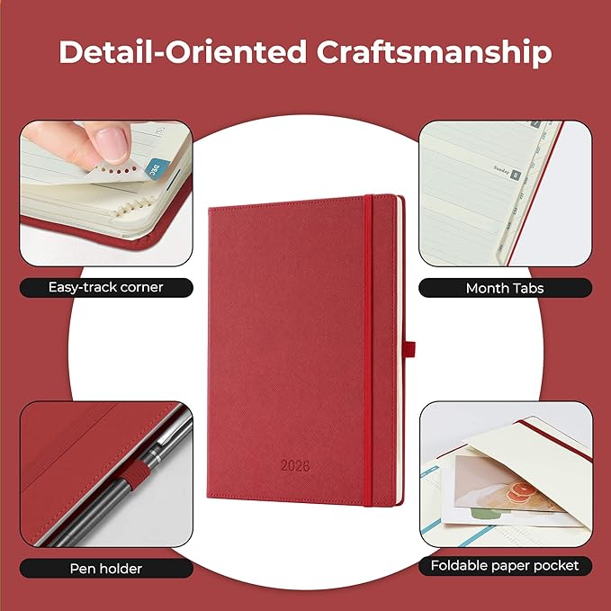 Weekly Monthly 2026 Planner (Jan.26-Dec.26),11.5"x8.5",12 Months Agenda Plan with Month Tabs & Pocket,Expenses/Note Pages, Appointment Book Calendar with Hardcover Vegan Leather Cover,Red
