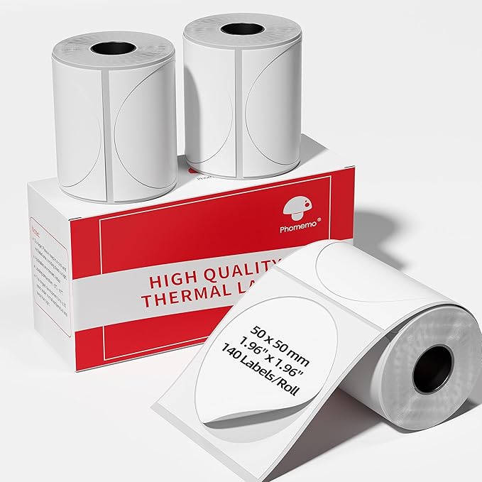 3 Roll Self-Adhesive Round Circle Thermal Labels for Phomemo M110/M221/M220/M120/M200/M110S Label Printers,1.96"（50 mm）,Multi-Purpose Thermal Stickers,Black on White,140Labels/Roll