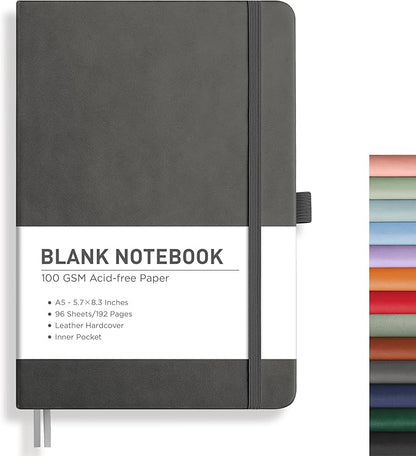 RETTACY Blank Journal Notebook, A5 Blank Journal with 192 Pages, 5.7'' × 8.3'' Medium Size, 68 LB/100 GSM Thick Paper, Leather Hardcover, for Sketching, Drawing, Painting (Gray)